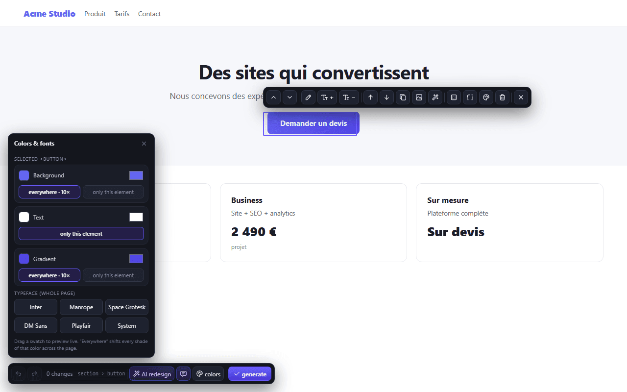 The Remorph editor open on a live site